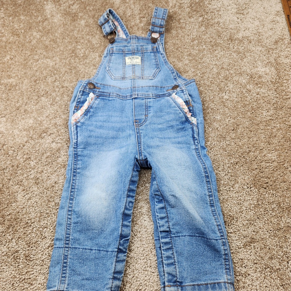 OshKosh Bgosh Kids 12M Blue Denim Overalls Floral Ruffle Trim Medium Wash Girls